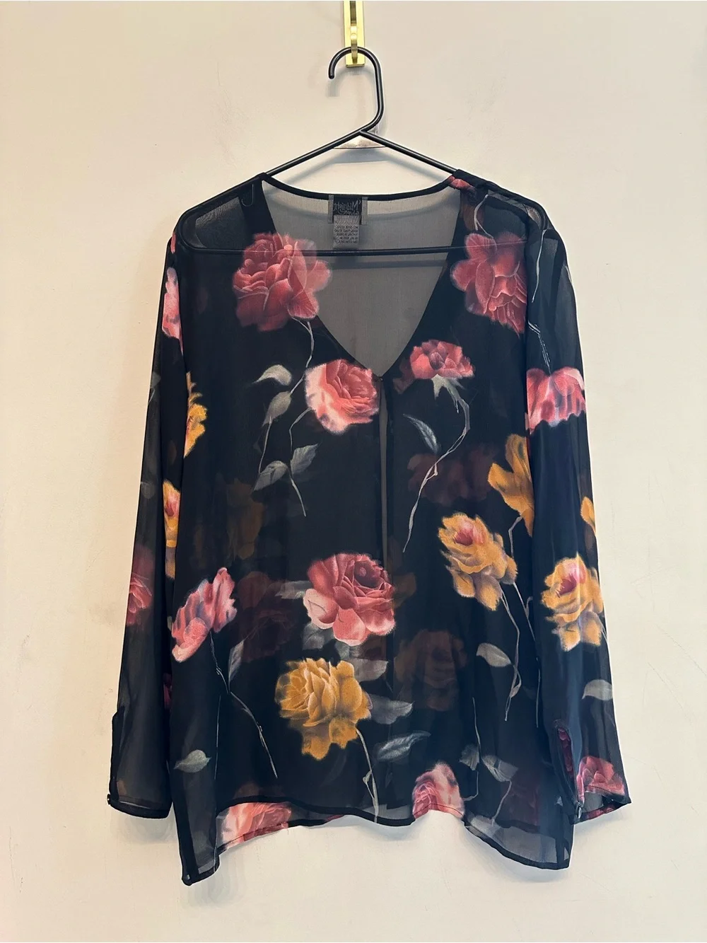 Vintage 90’s Midnight Velvet Black Floral Sheer Cardigan - 100% Silk Size 12